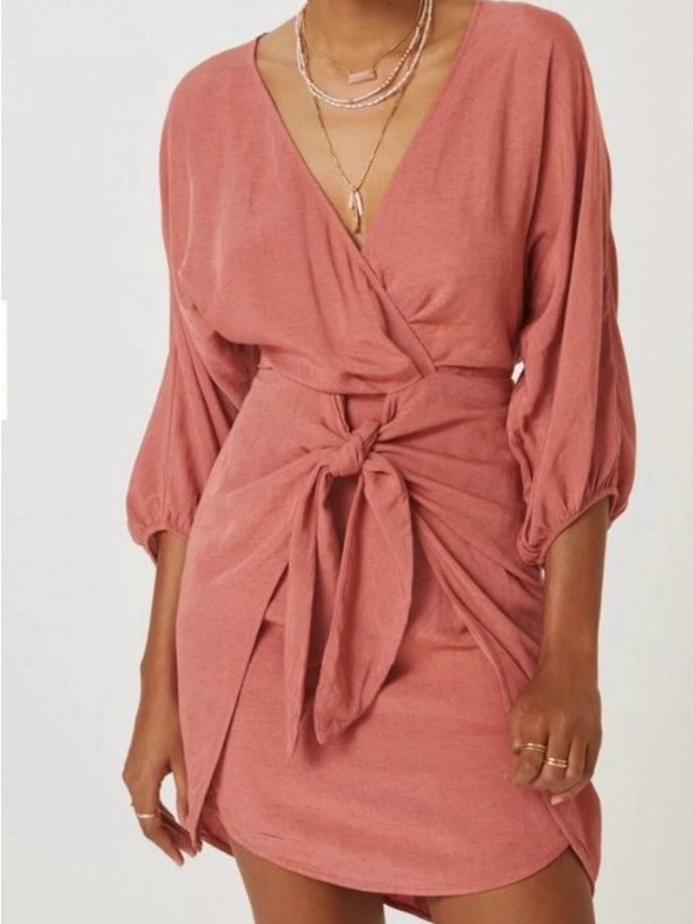 Anthropologie Linen Tie-Front Wrap Mini Dress Sz 4 Coastal Minimalist Preppy